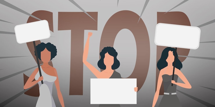 Vector niñas con una pancarta en sus manos en el contexto de la palabra stop el concepto de expresar pensamientos, insatisfacción y protestas vector