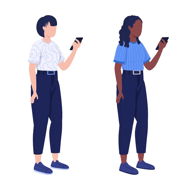 Las niñas pasan tiempo en el juego de caracteres vectoriales de color semiplano del teléfono. Gente de cuerpo completo en blanco. Phubbing comportamiento aislado colección de ilustraciones de estilo de dibujos animados modernos para diseño gráfico y animación