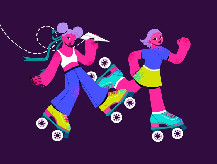 Vector niñas en patines de rodillos personajes de dibujos animados niñas patinadoras adolescentes divirtiéndose en el patio vector