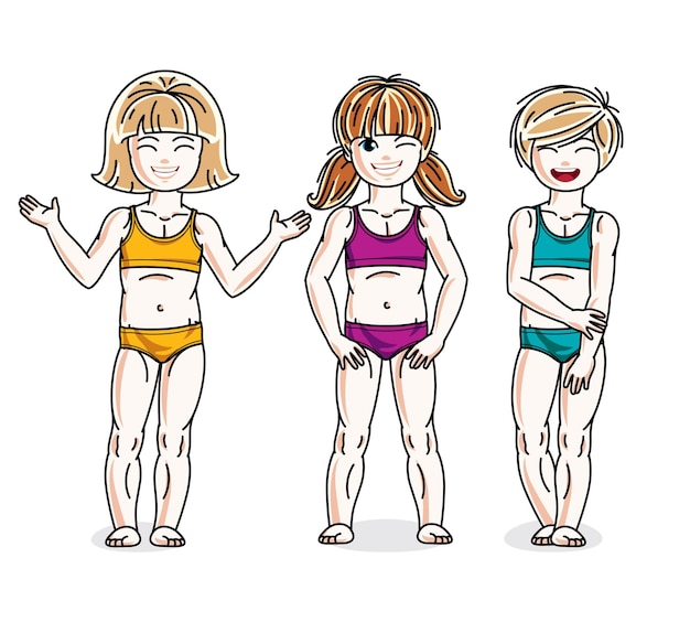 Vector niñas pequeñas de pie en bikini colorido. set de ilustraciones para niños vectoriales. caricaturas de infancia y estilo de vida familiar.