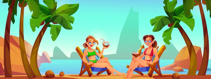 Niñas en la playa con gafas de sol sentadas en una chaise longue con un cóctel de dibujos animados vectoriales