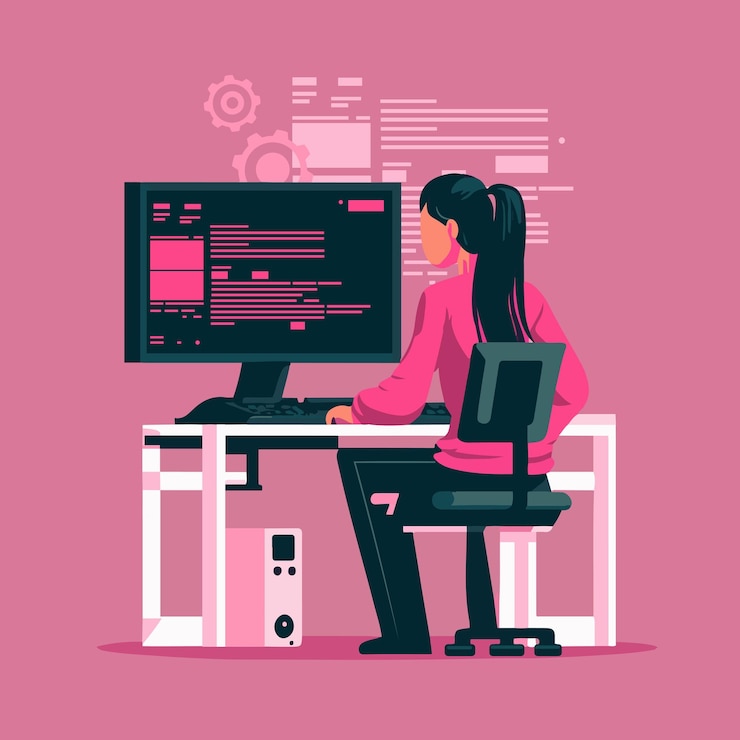 Vector las niñas pueden codificar la ilustración de vector de programador femenino rosa