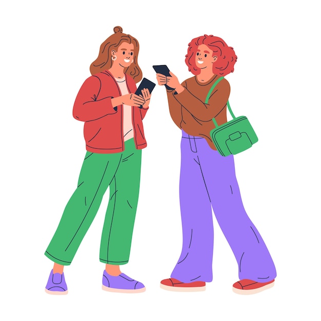 Niñas que usan teléfonos inteligentes Caracteres femeninos Ilustración vectorial plana Mujeres con teléfonos en blanco