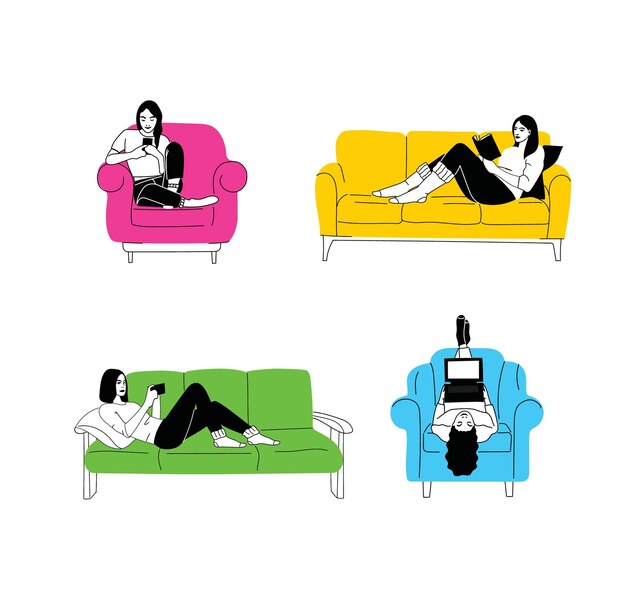 Niñas sentadas en un sillón en casa Mujer con un teléfono móvil portátil y un libro en el sofá de la silla Concepto independiente o de estudio Personaje femenino chateando en línea usando una computadora portátil descansando
