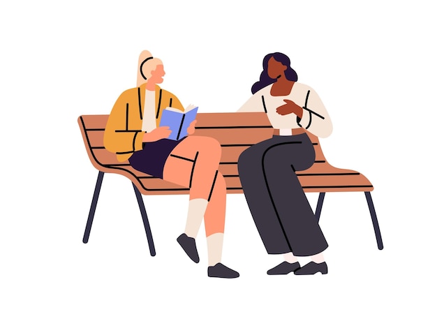 Las niñas se sientan en el banco, hablan, pasan tiempo al aire libre juntas, los amigos se relajan en el parque, se comunican y leen libros. Los estudiantes felices estudian con el libro de texto. Ilustración de vector aislado plano sobre fondo blanco.