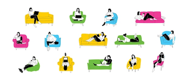 Niñas sonrientes felices sentadas en sofás sillas establecidas Mujeres relajadas positivas relajándose Personajes alegres descansando hablando Ilustraciones de vectores gráficos planos aisladas en fondo blanco