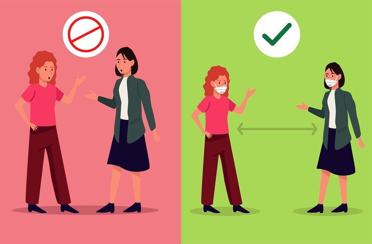 Vector las niñas usan máscaras médicas para la campaña de prevención del covid19