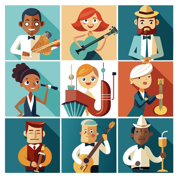 Vector nine cartoon people representing different musical instruments and professions