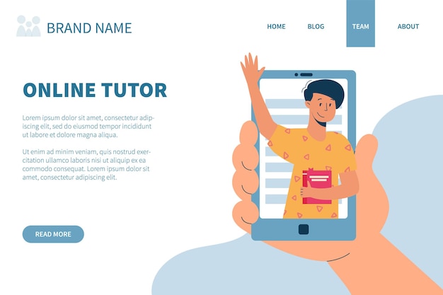 Niñera virtual, servicio de niñera en línea, concepto de enseñanza remota. Entretener a los niños a través de Internet. Tutor masculino amistoso en su teléfono Ilustración de vector, estilo plano moderno