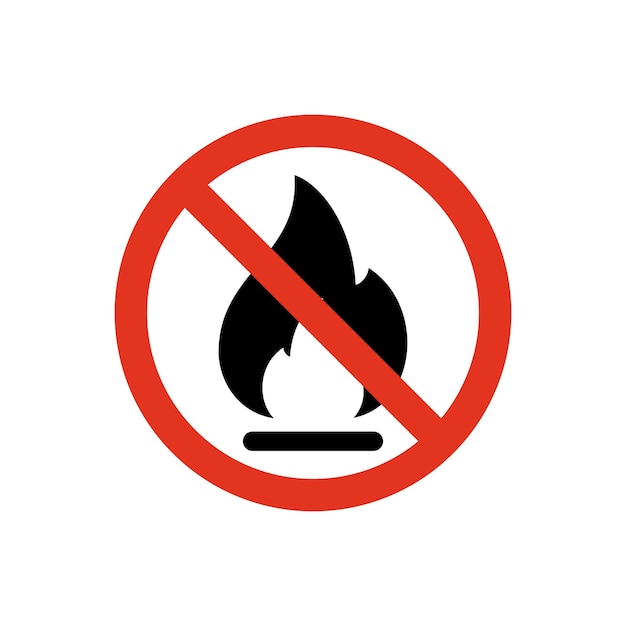 Vector ningún icono de llama de fuego cruzado en un círculo rojo signo de quema aislado en fondo blanco ilustración vectorial
