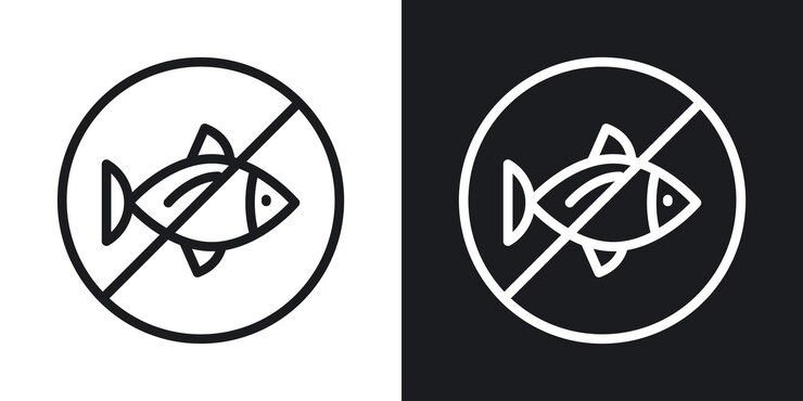 Vector ningún icono de pescado establecido prohibición de mariscos símbolo vectorial redondeado en un estilo de relleno y delineado en negro no hay pescado aquí signo
