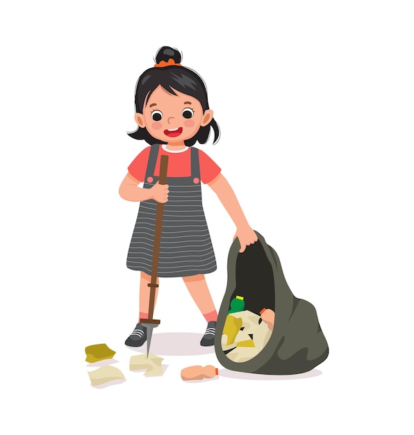 niñita recogiendo residuos de basura con un bastón para recoger basura puesto en una bolsa de basura para reciclar