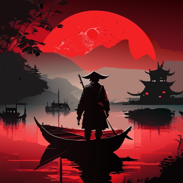 Vector un ninja se para en un barco ilustración de arte cultural chino