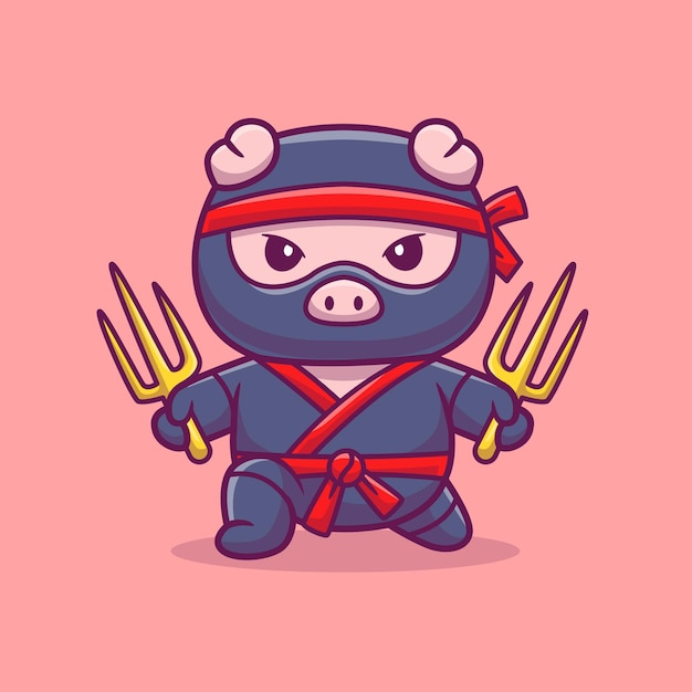Ninja cerdo lindo sosteniendo Trisula Espada Icono vectorial de dibujos animados Ilustración de vacaciones de animales Apartamento aislado