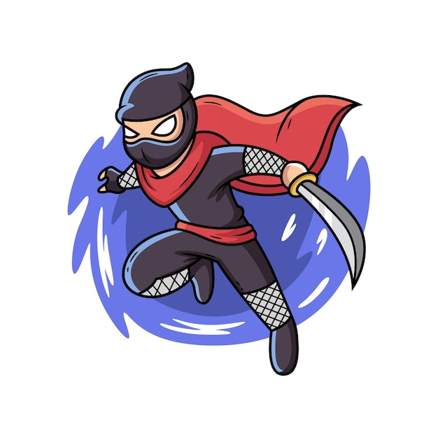 Ninja con dibujos animados de espada. Ilustración de vector de dibujos animados aislado en vector premium