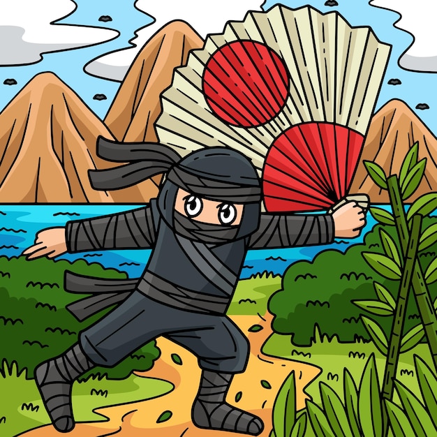 Ninja con una gran ilustración de dibujos animados en color