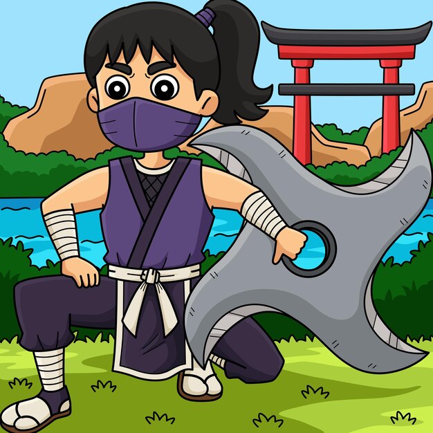 El ninja Kunoichi con un gran dibujo animado de colores de Shuriken