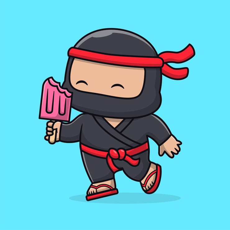 Vector ninja lindo comiendo helado popsicle dibujos animados icono vectorial ilustración personas icono de comida aislado plano