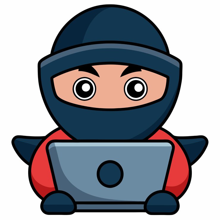 Vector ninja lindo trabajando en la computadora portátil icono vectorial de dibujos animados ilustración gente tecnología icono concepto aislado estilo de dibujus animados plano vectorial premium