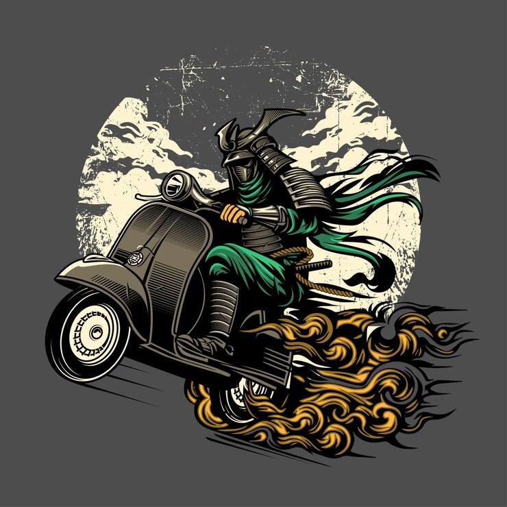 Vector ninja montando un scooter con un fondo de nubes grunge
