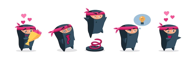 Ninja personaje guerrero gracioso en el conjunto vectorial de disfraces de samurai