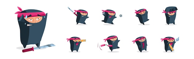 Ninja personaje guerrero gracioso en el conjunto vectorial de disfraces de samurai