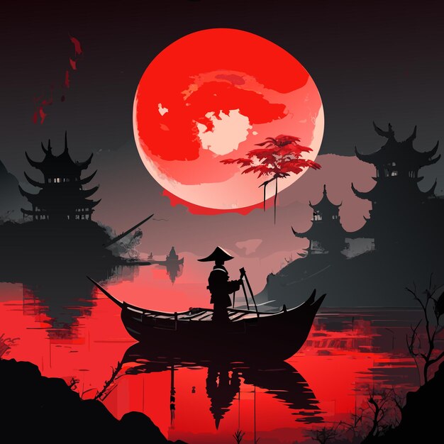 Vector un ninja está de pie en un barco ilustración de obra de arte cultural china