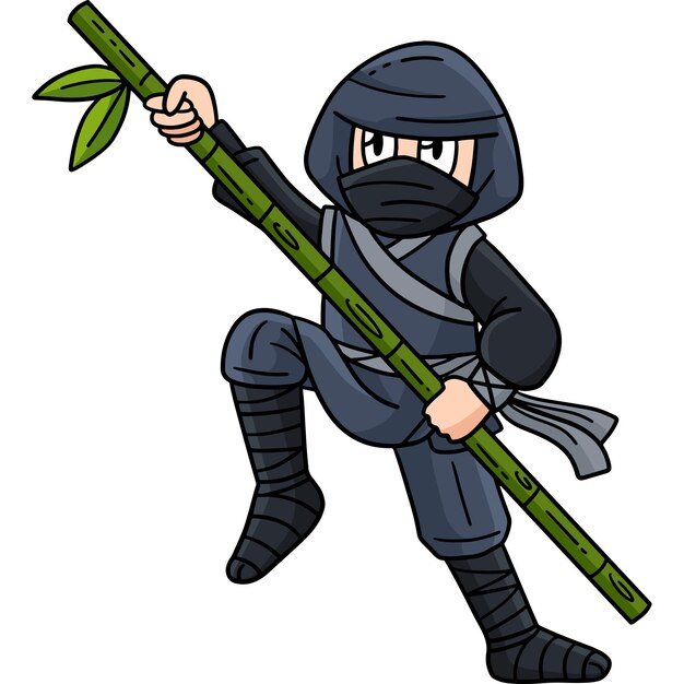 Ninja con un poste de bambú clipart de dibujos animados de colores