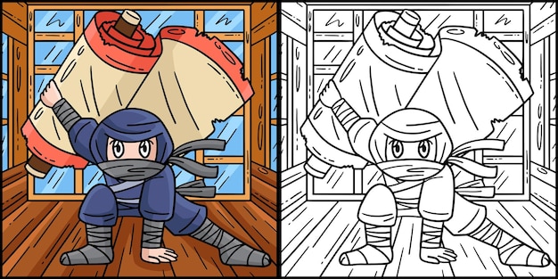 Ninja con el rollo de Jutsu Ilustración de página de colorear