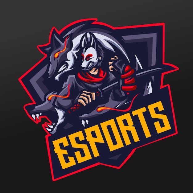 Ninja ronin samurai con mascota lobo diseño de ilustración deportiva para logo esport gaming team squad