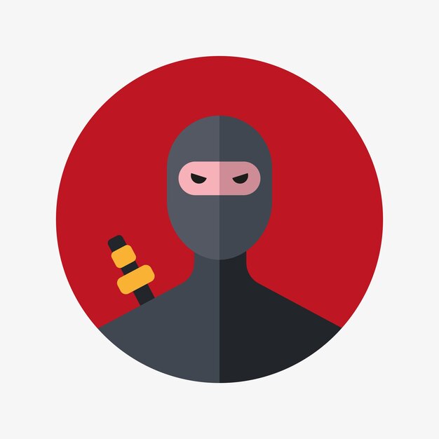 Ninja en ropa negra y máscara vector ilustración plana guerrero ninja en círculo rojo aislado en wh