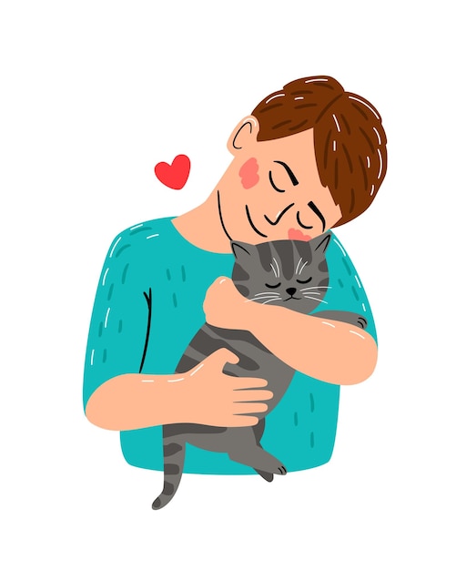 Niño abraza al gato Amistad relajante de niño y mascota con corazones aislados en ilustración vectorial de fondo blanco