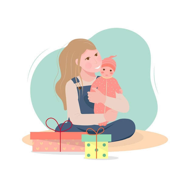 El niño abraza a una muñeca Ilustración vectorial de una niña sosteniendo su muñeca sentada en el suelo