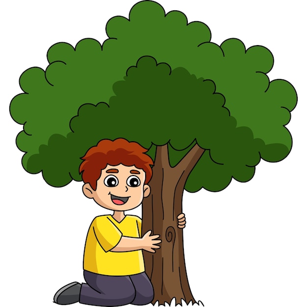 Vector niño abrazando un árbol de dibujos animados de color clipart