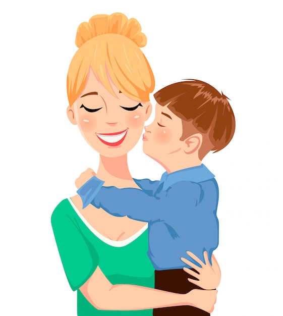 Niño abrazando y besando a su mamá.