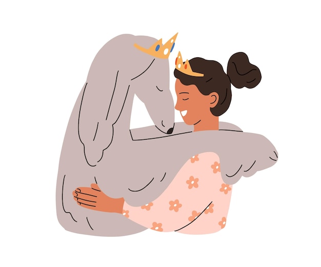 Niño abrazando perro de raza sabueso afgano. Feliz dueño de una mascota abrazando a un lindo compañero de perrito grande. Amistad, amor de niña y animal canino grande. Ilustración de vector plano aislado sobre fondo blanco.