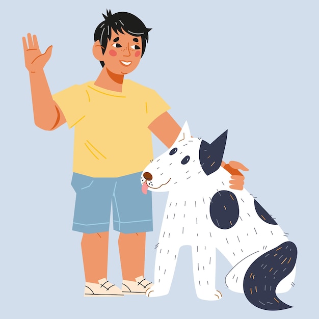 Niño abrazando a su perro mascota ilustración vectorial plana aislada en el fondo