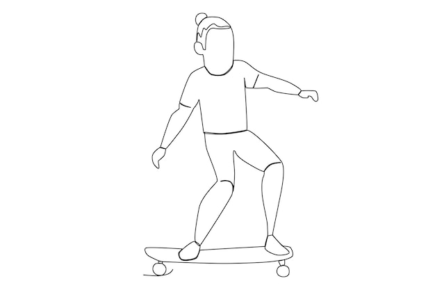 Vector un niño activo practicando skateboarding en el skatepark one line art