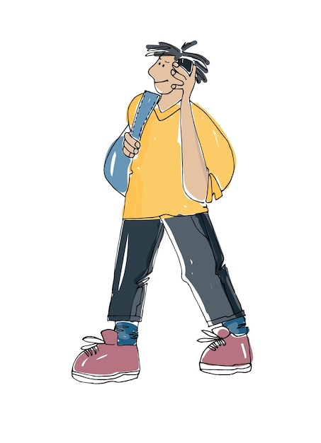 Niño adolescente con una bolsa en el hombro caminando y hablando teléfono móvil Ilustración vectorial colorida aislada en fondo blanco