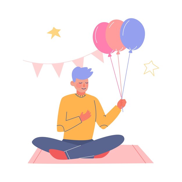 Niño adolescente divirtiéndose en una fiesta de cumpleaños Niño sentado en el suelo con globos de colores Ilustración vectorial de dibujos animados