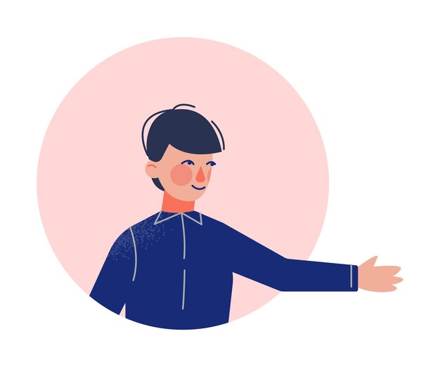 Niño adolescente mirando fuera del marco redondo Niño extendiendo su mano en el agujero de la ventana circular Ilustración vectorial