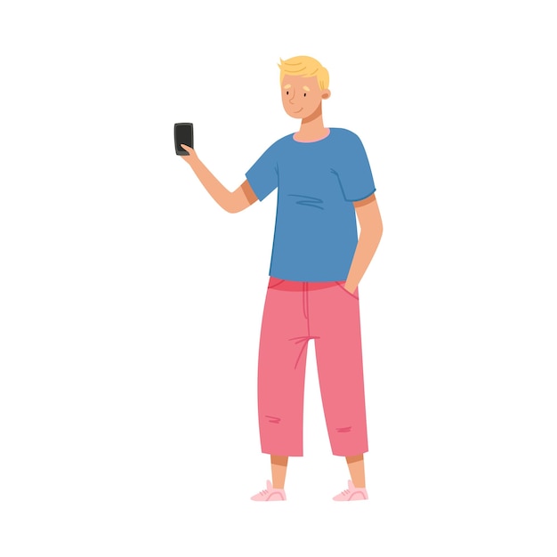 Niño adolescente con ropa casual sosteniendo un teléfono inteligente Ilustración vectorial