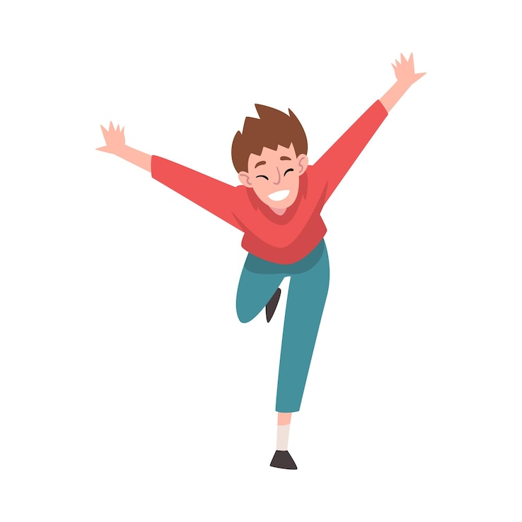 Vector niño adolescente sonriente corriendo con las manos levantadas persona positiva feliz alegrándose ilustración vectorial