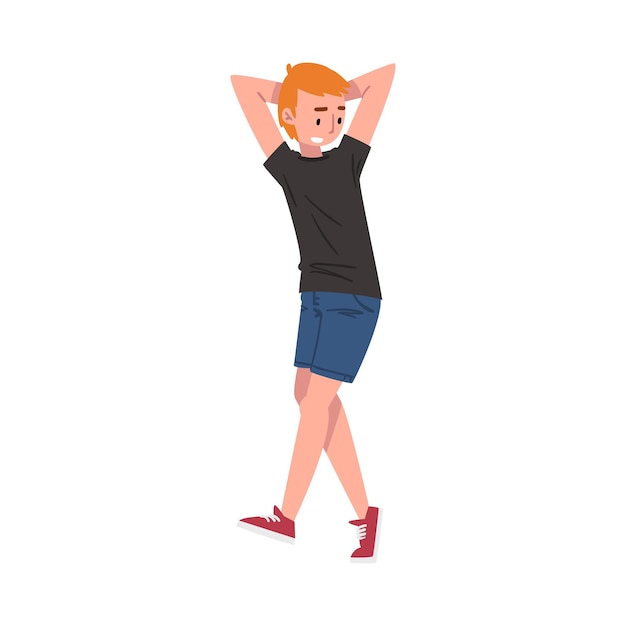 Niño adolescente sonriente lanzando las manos sobre su cabeza estudiante feliz compañero de clase o amigo personaje de estilo de dibujos animados ilustración vectorial