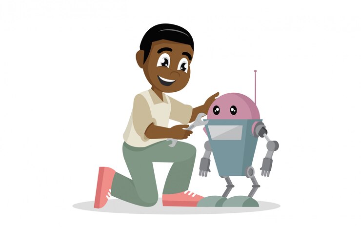 Vector niño africano reparando juguete robot.