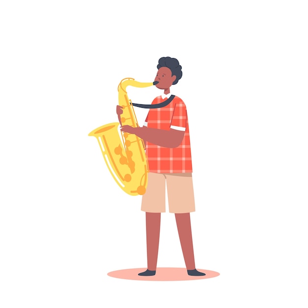 Niño Africano Tocando Saxofón Realizar Concierto Golpe Músico Composición Niño Personaje Tocando Jazz Música Entretenimiento o Entrenamiento Aislado en Fondo Blanco Dibujos Animados Gente Vector Ilustración
