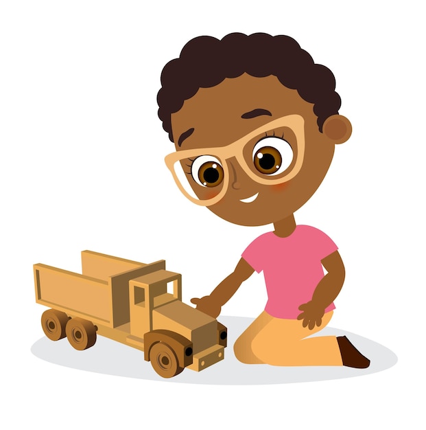 Niño afroamericano con gafas y coche de juguete. Niño jugando al coche. . Estilo de dibujos animados plana.