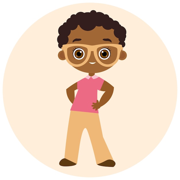 Niño afroamericano con gafas.Ilustración de vector eps 10 aislado sobre fondo blanco. Estilo de dibujos animados plana.