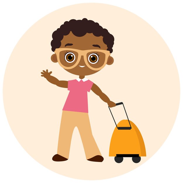 Niño afroamericano con gafas y mochila de viaje. Viajando con la mochila. Ilustración vectorial eps 10 aislado sobre fondo blanco. Estilo de dibujos animados plana.