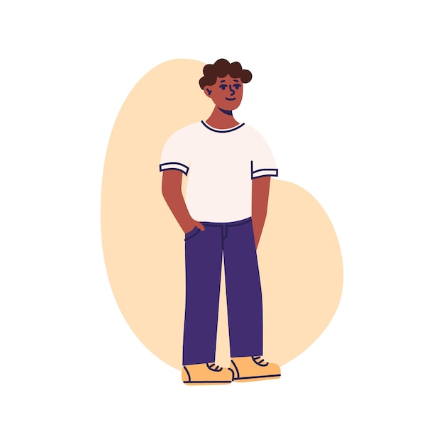 Niño afroamericano de pie con ropa informal o uniforme escolar ilustración vectorial plana